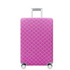 A pink patterned stretchable luggage cover with a silver handle and wheels.