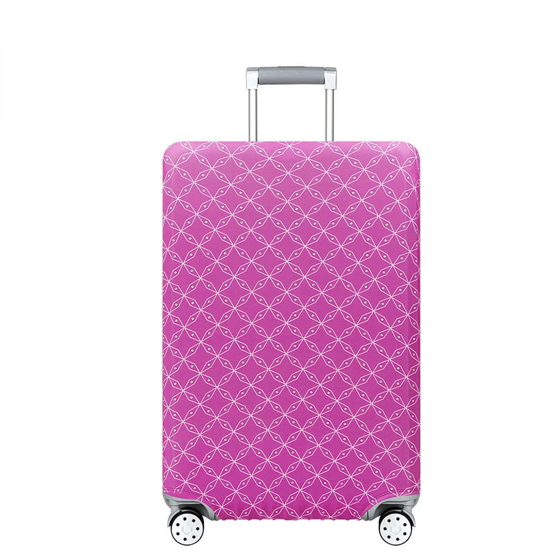 A pink patterned stretchable luggage cover with a silver handle and wheels.