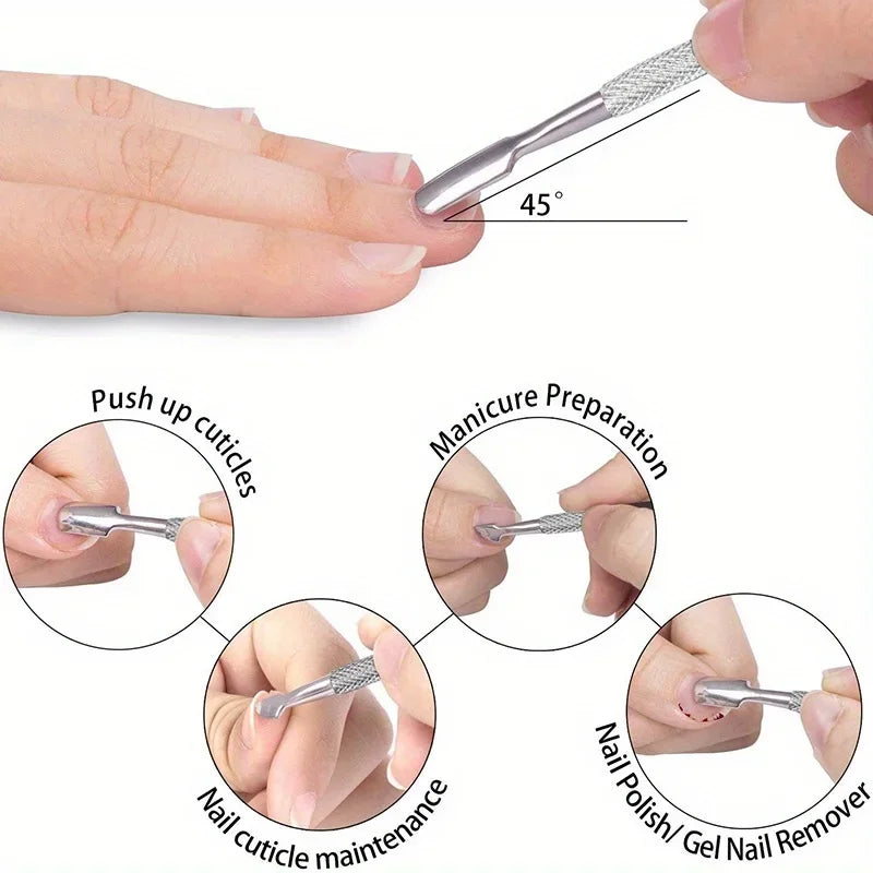 Stainless steel manicure kit showing tools for cuticle pushing, nail preparation, maintenance, polish, and gel removal