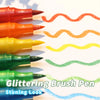 A collection of 24-color dual-ended glitter brush pens showing various colors and wavy lines on a white background.