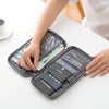 A hand is opening a dark gray waterproof passport and document organizer wallet showing various travel documents.