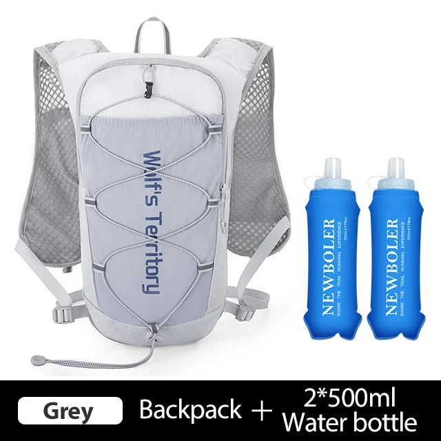 Grey backpack and 2x500ml Newboler water bottles shown together