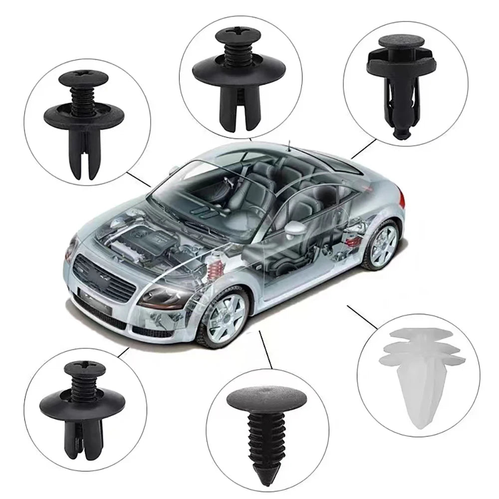 A set of 100 auto trim panel retainer clips and fasteners for secure body panel repair.