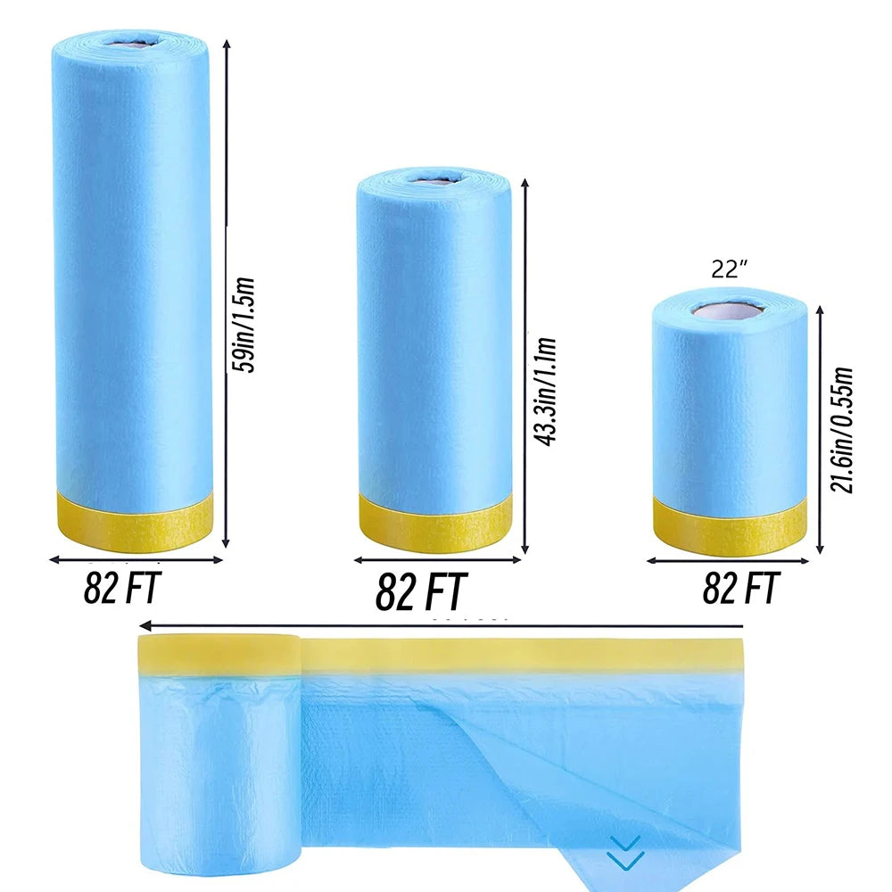 Rolls of blue pre-taped masking film used for painting projects shown in various sizes and application.