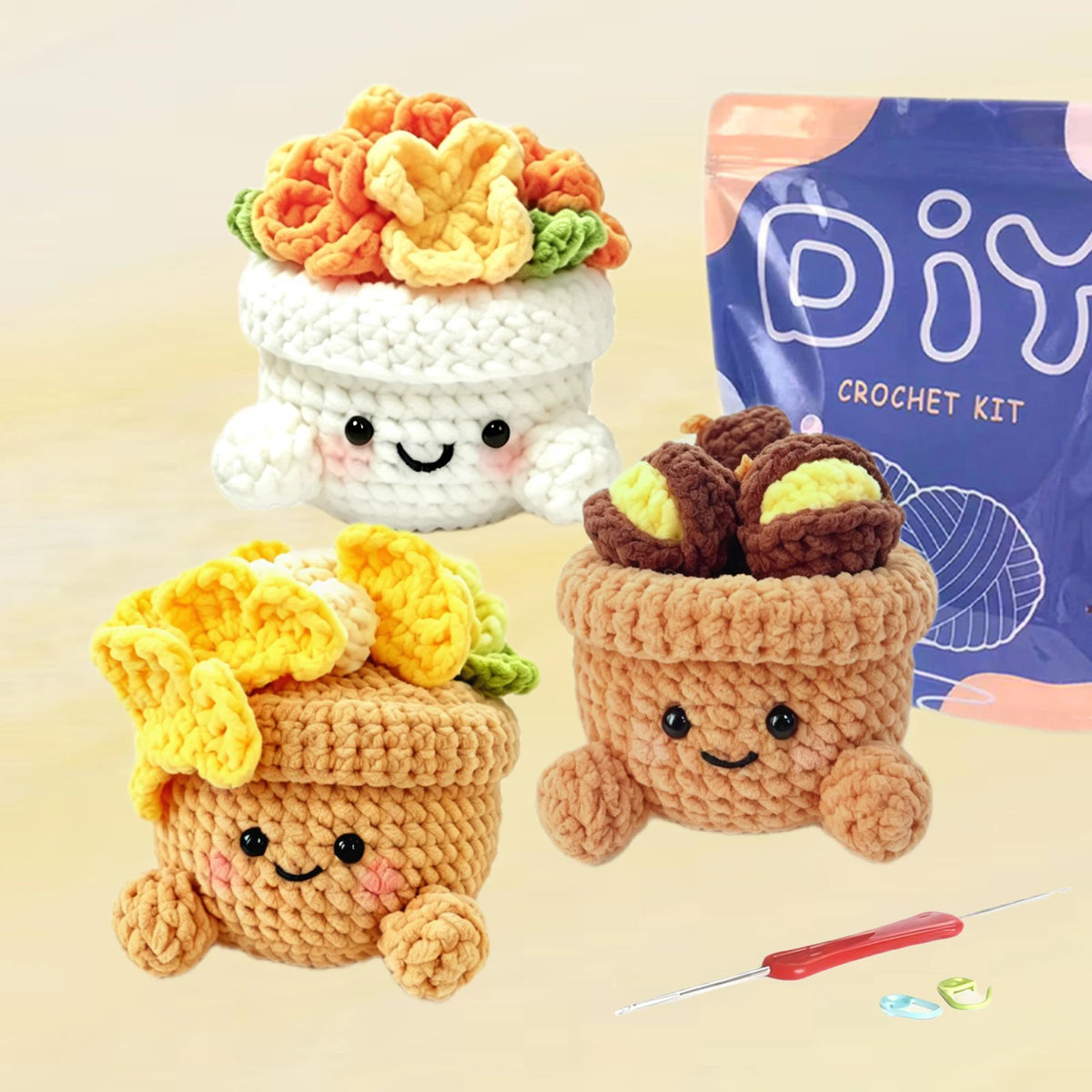 A set of crochet kits featuring cute animal and plant projects, including a white flower and a brown animal.