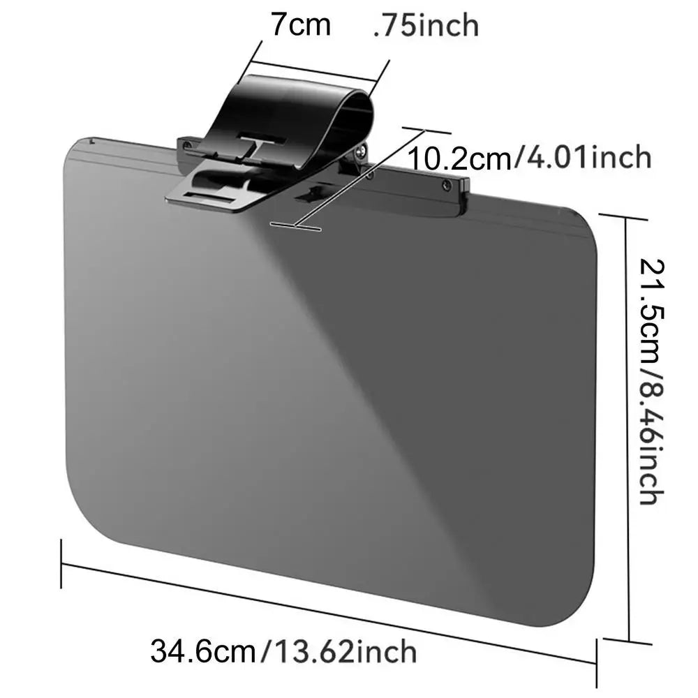 A rectangular anti-glare car sun visor extender with a black adjustable mount and a gray body.
