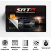 A black card holder featuring the SRT8 logo and a reflection of a car, with anti-fingerprint and scratch protection features.