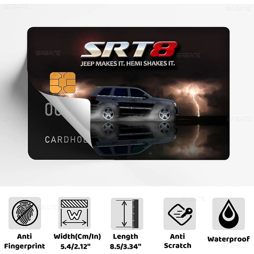 A black card holder featuring the SRT8 logo and a reflection of a car, with anti-fingerprint and scratch protection features.