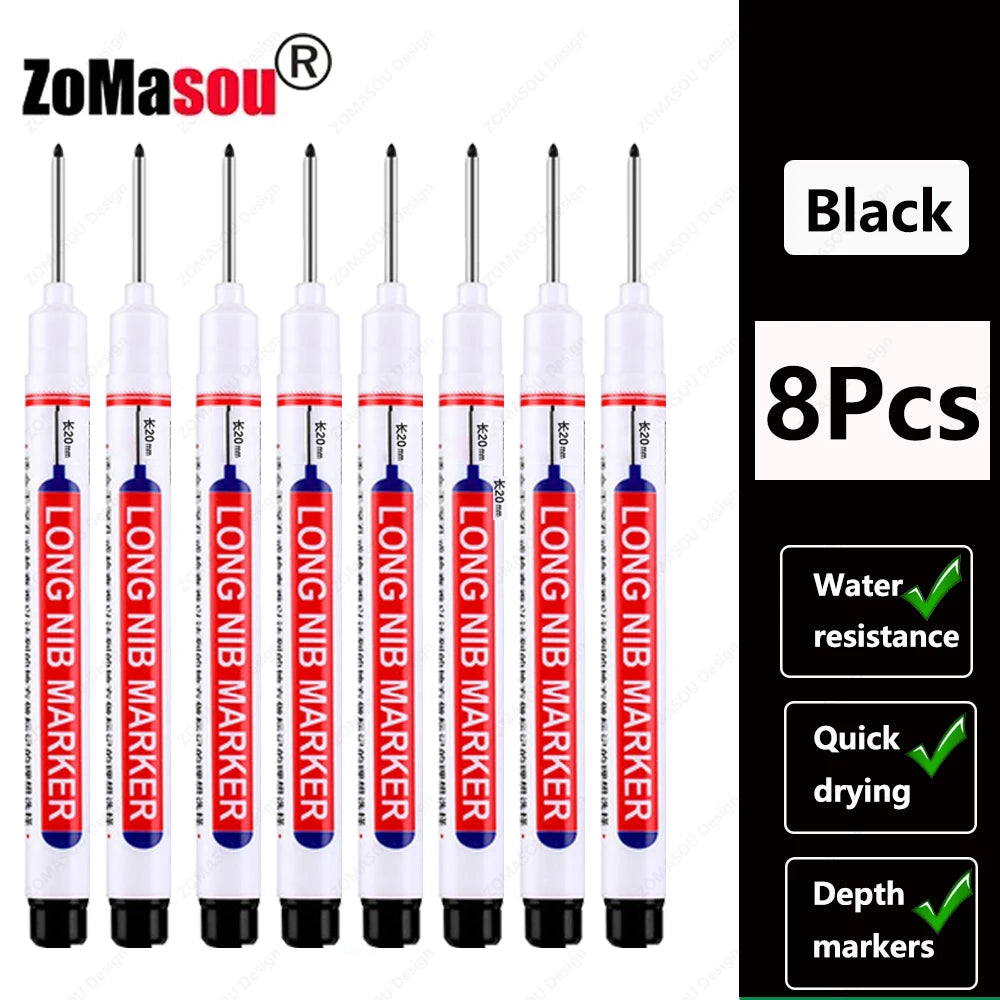 Set of eight black long nib marker depth markers for woodworking and construction