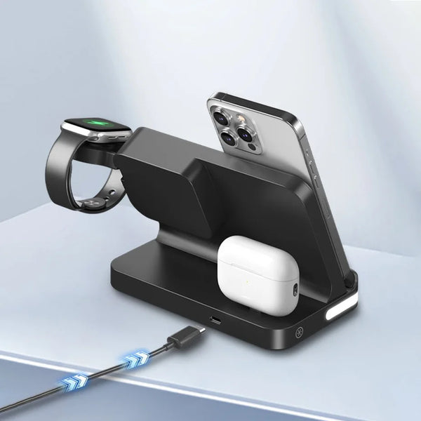7-in-1-Ladestation mit Wecker für Smartphone, Smartwatch und In-Ear-Kopfhörer