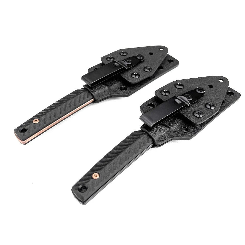A full tang fixed blade knife with a black kydex sheath and a G10 handle.