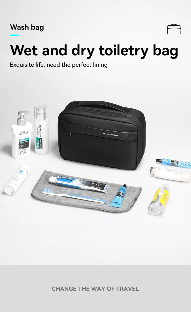 A black waterproof toiletry bag is shown open, with various toiletries like bottles and tubes laid out for travel.