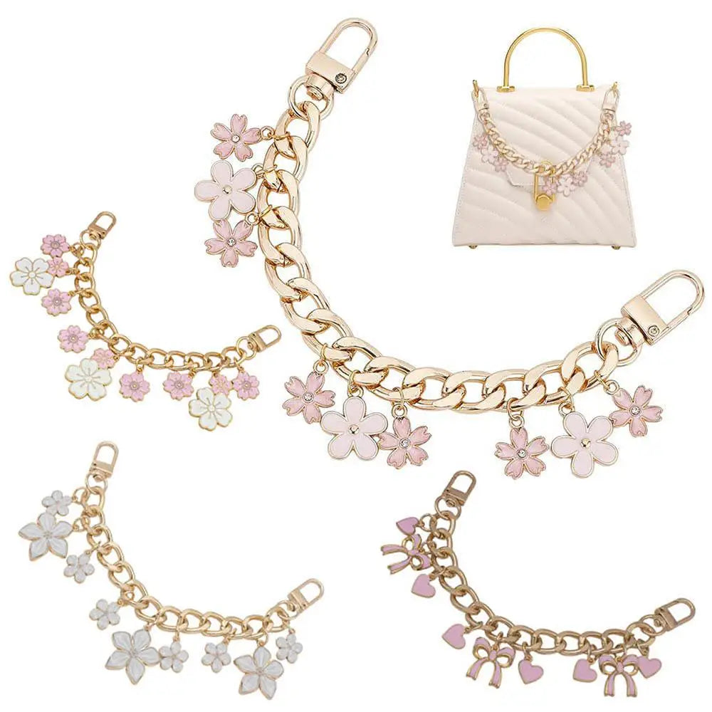 Cherry Blossom Bow Enamel Bag Chain with Heart Charms