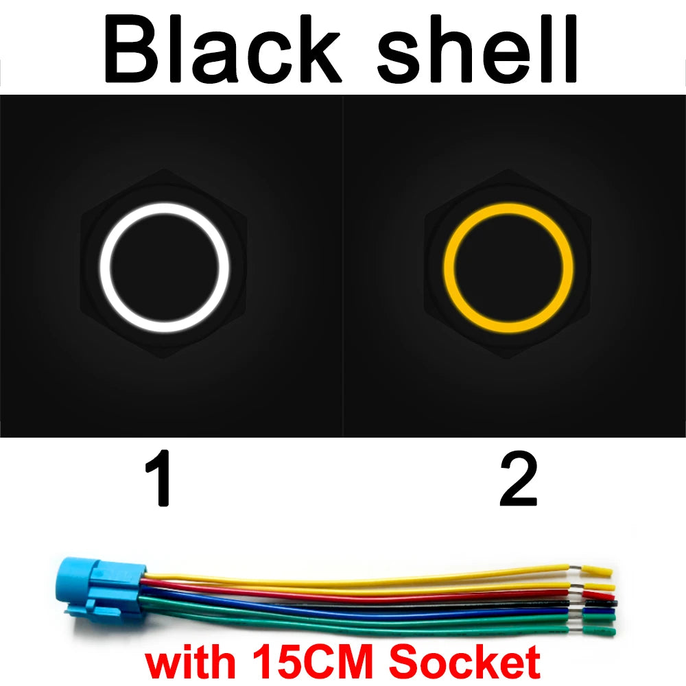 Zwei schwarze LED-Tasterschalter mit Markierungen 1 und 2, ausgestattet mit einer 15 cm Buchse.