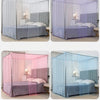 Three variations of a princess-style lace canopy mosquito net for full beds in various shades of purple and blue.
