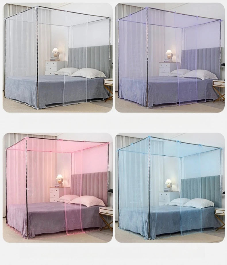 Three variations of a princess-style lace canopy mosquito net for full beds in various shades of purple and blue.