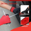A hand wearing a red glove is demonstrating the tear-resistant elasticity of breathable PU-coated nylon work gloves.