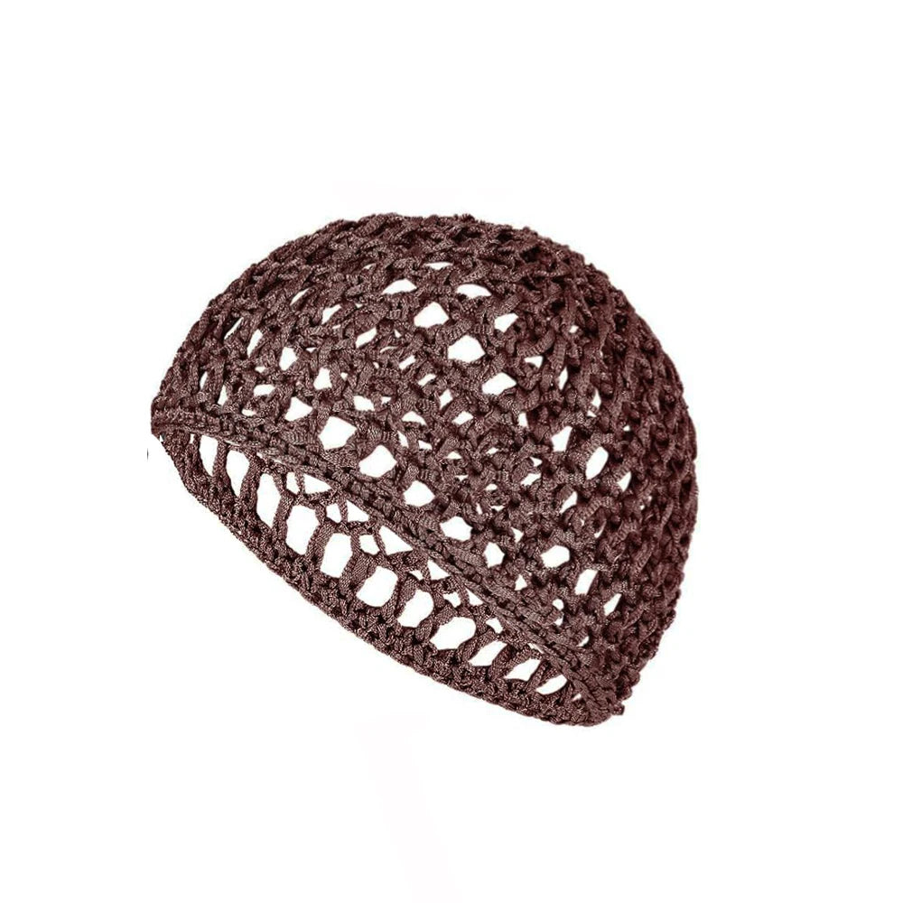 A dark brown mesh crochet hair net for sleeping and everyday wear.