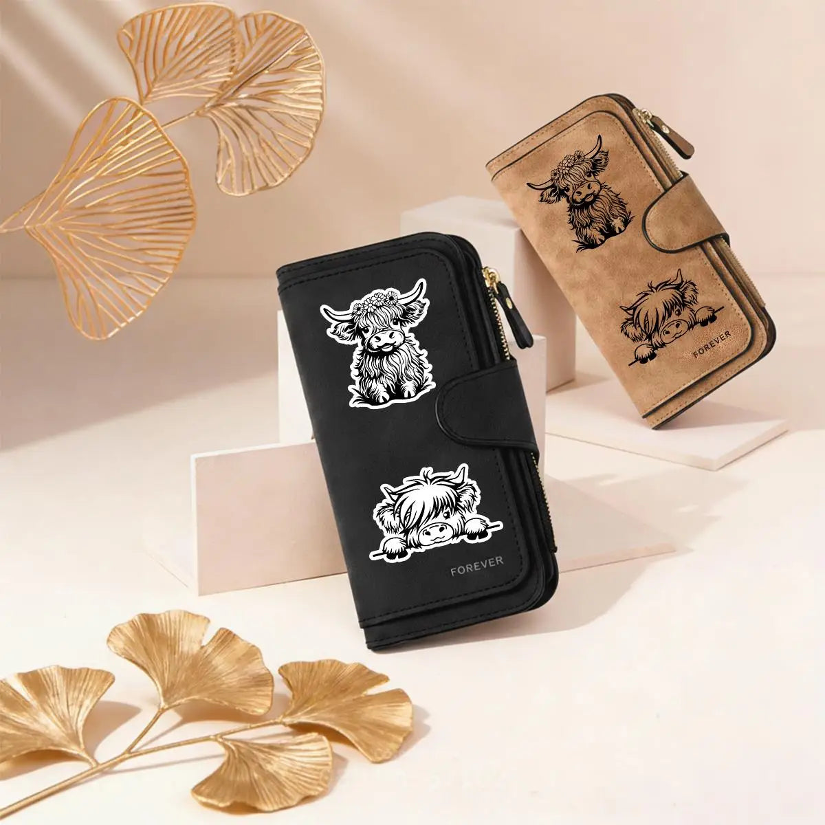 Adorable Highland Cow Long Wallet with Zipper Closure