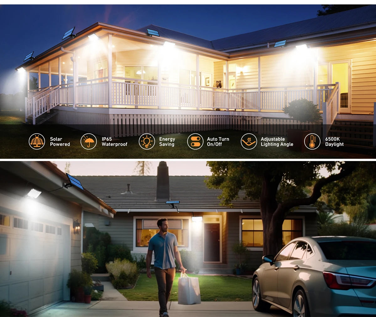 A solar motion sensor flood light illuminates a house exterior at night, demonstrating adjustable daylight lighting.