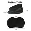 Black memory foam car seat cushion with lumbar support shown in multiple views and dimensions.