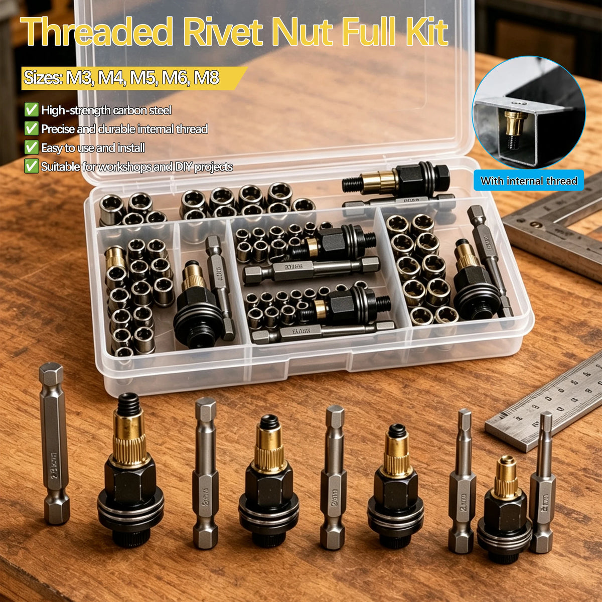 An open kit of threaded rivet nuts in various sizes M3 to M8 with accompanying tools displayed on a wooden surface.