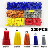 A collection of color-coded twist-on wire connectors in various sizes and quantities, packaged for electronics projects.