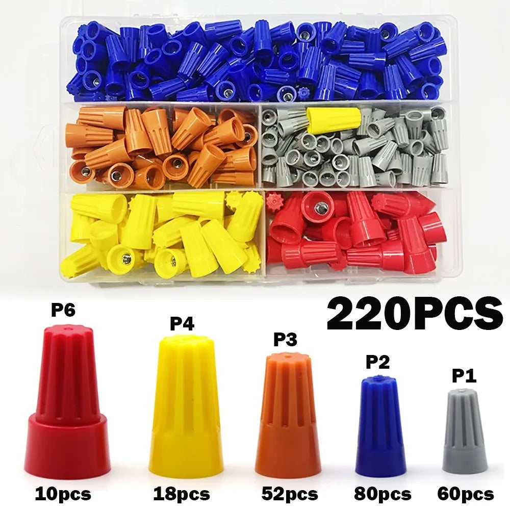 A collection of color-coded twist-on wire connectors in various sizes and quantities, packaged for electronics projects.