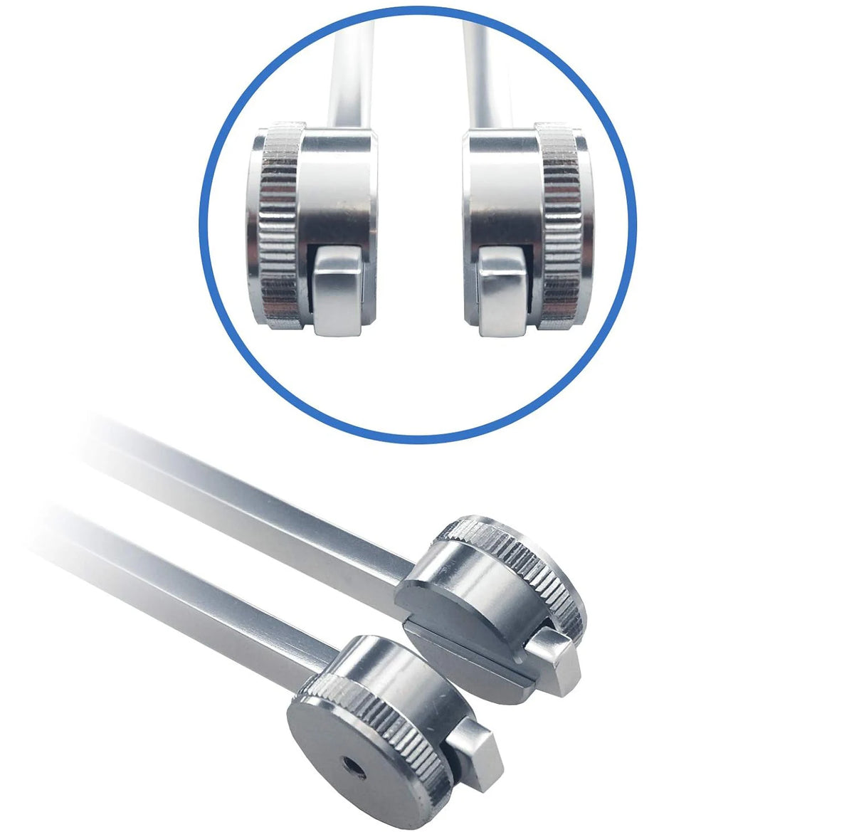 A set of metal tuning forks with silver heads shown in a circular inset and an open view.
