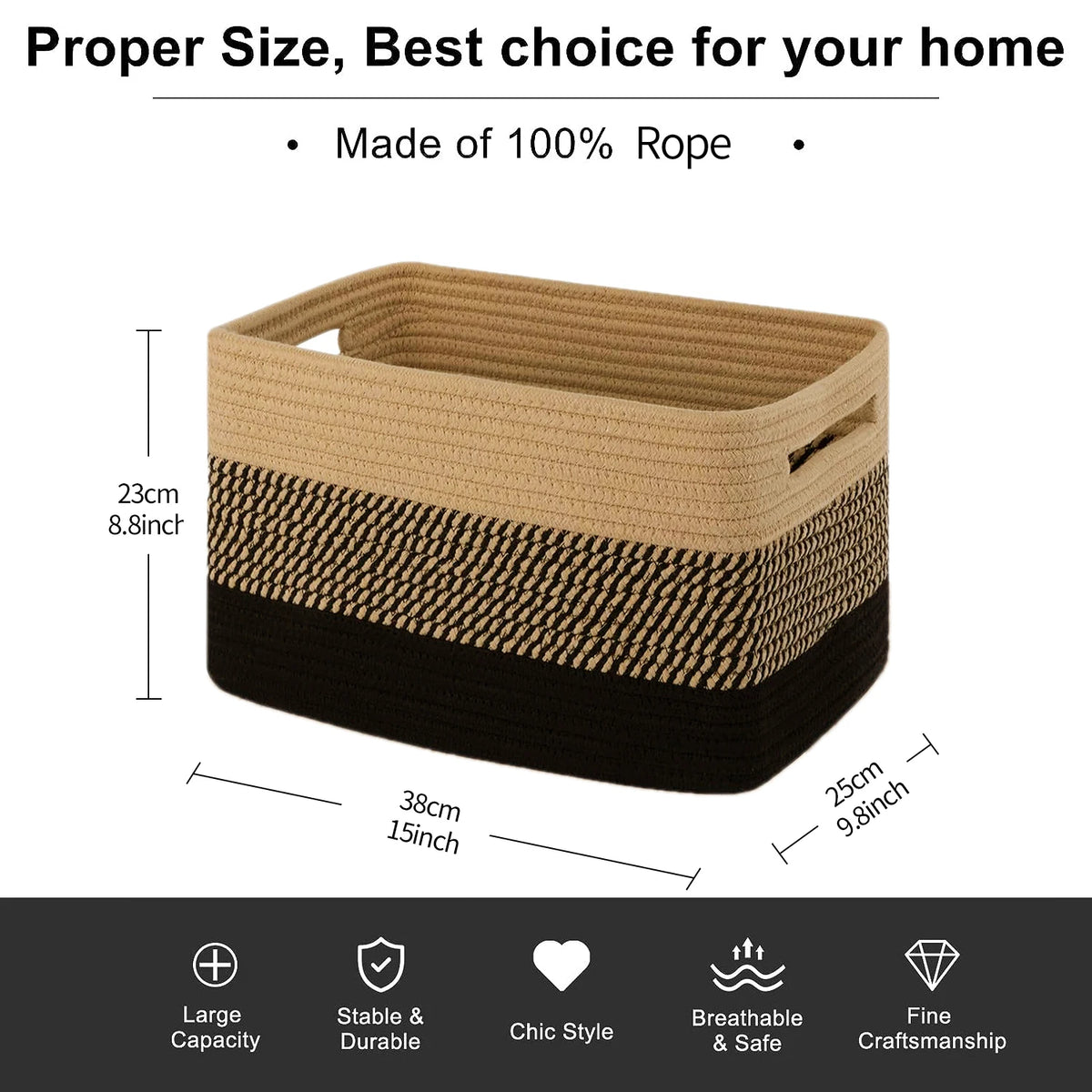 A woven cotton rope storage basket in beige and black, showing its size and features.