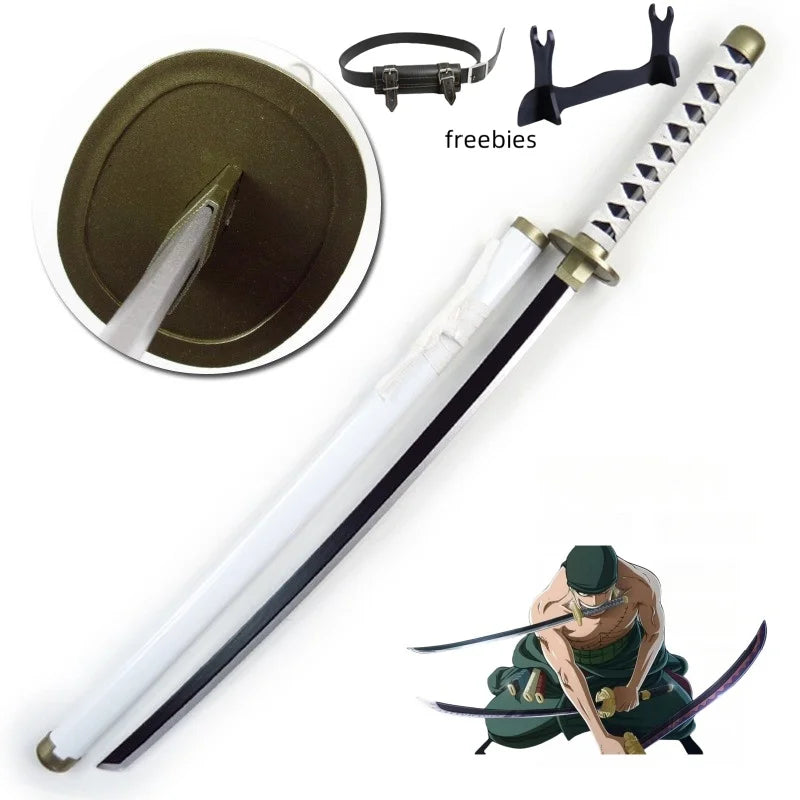 A 41-inch katana cosplay sword with a sheath, a hilt, and a figure of Roronoa Zoro.