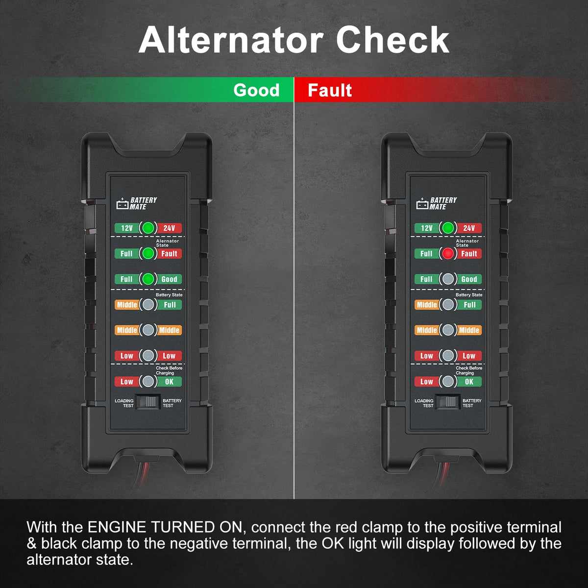 Alternator check display showing Good or Fault status on a battery tester device