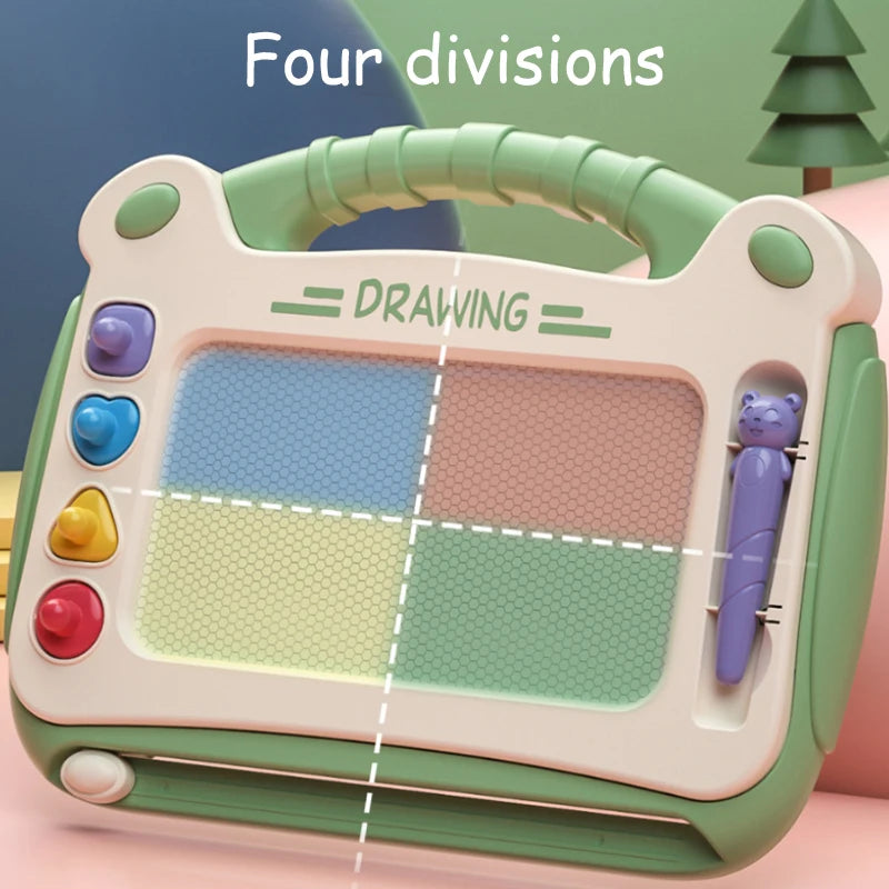 A light green magnetic drawing board for kids with four divisions and a purple eraser pen.