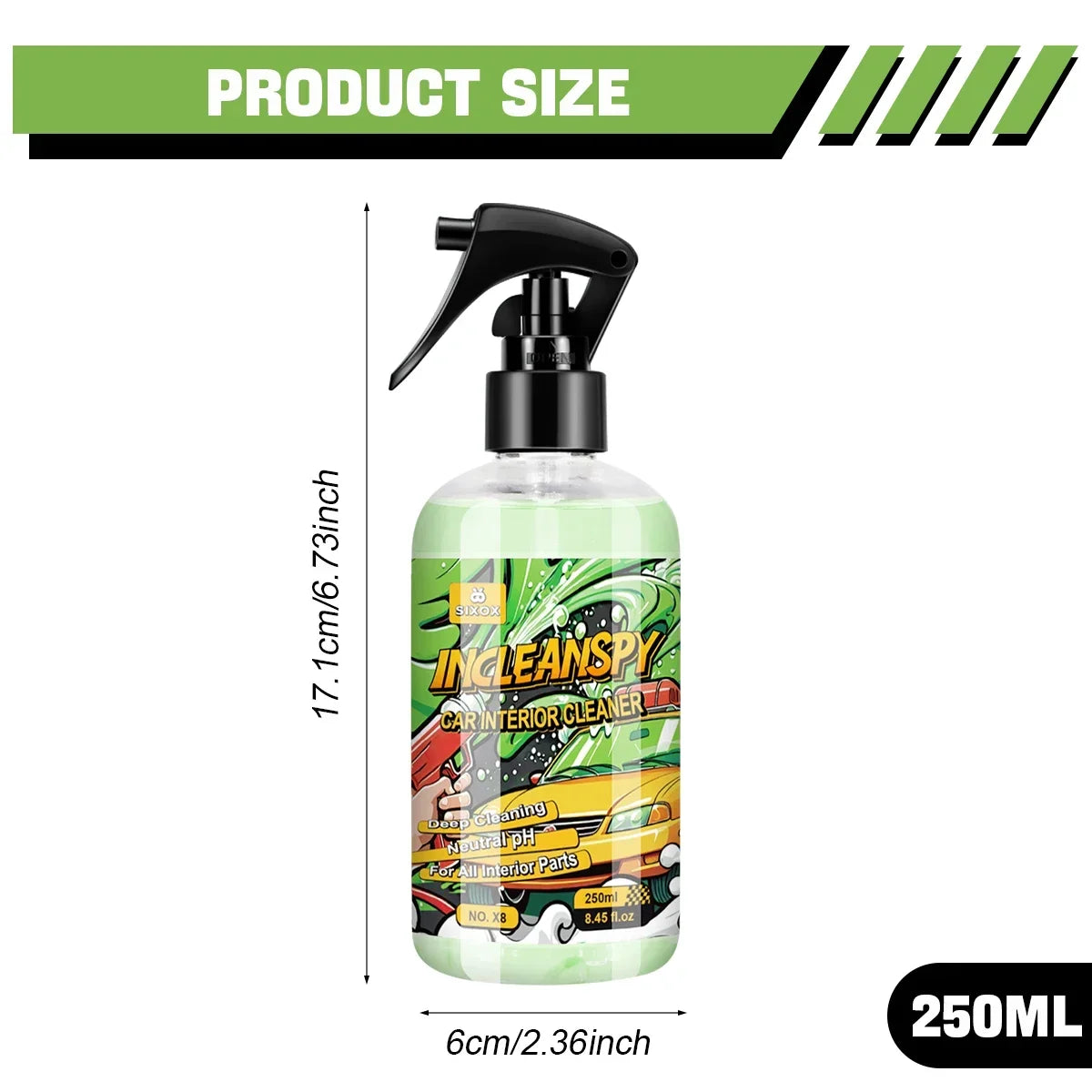 A bottle of Incleanspy car interior cleaner with a black pump dispenser and a green liquid inside.
