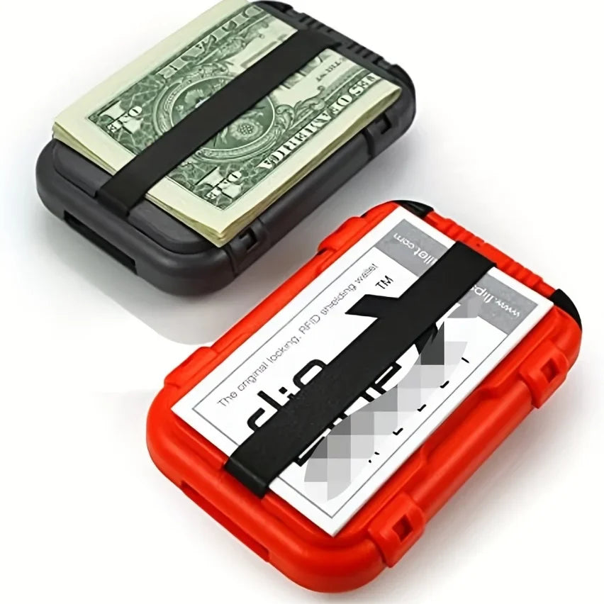 Orange Wallet-Hülle neben US-Dollar-Banknoten, die RFID-Schutz demonstriert.