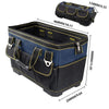 A black and navy heavy-duty tool organizer bag with multiple pockets shown from the side and top view.