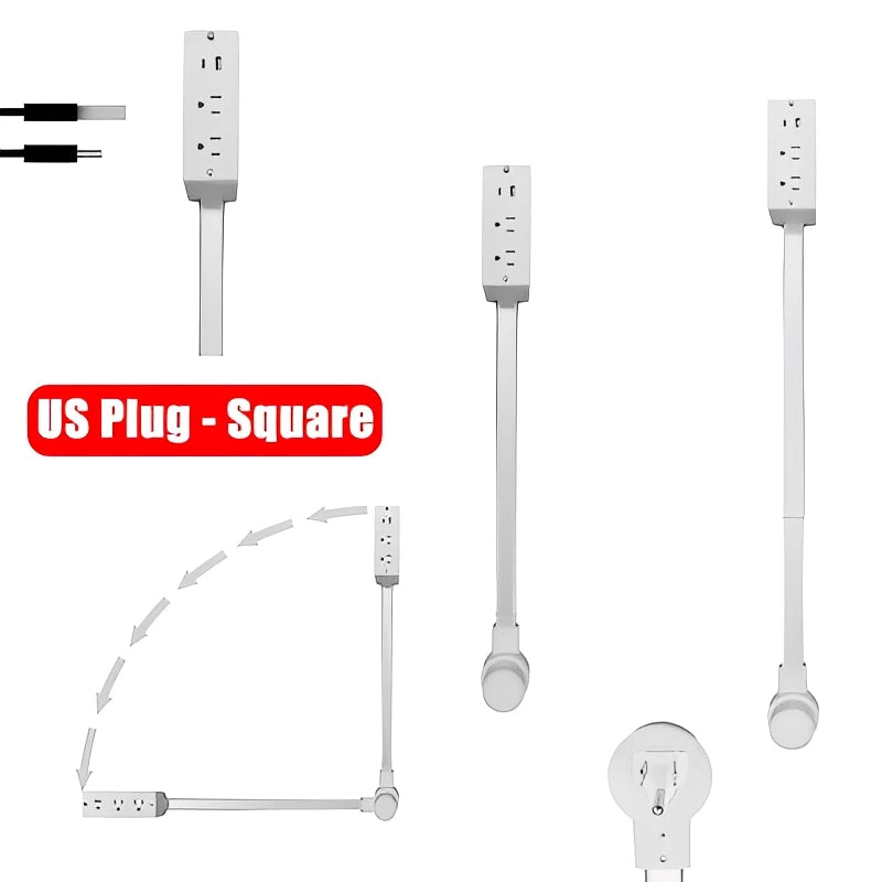 A set of rotating wall outlet extenders with square plugs and USB ports shown in various configurations.