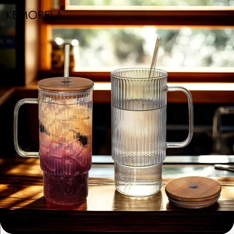 Vintage Ribbed Glass Tumbler with Bamboo Lid and Straw