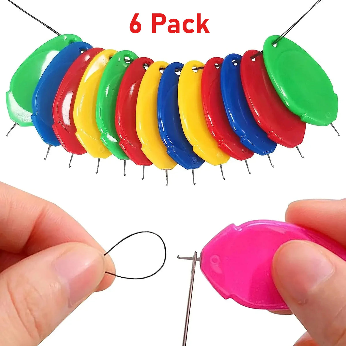 A pack of six colorful plastic needle threaders, including green, blue, yellow, and red, shown being held by a hand.