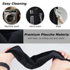 Two black oil-proof refrigerator handle covers shown in various cleaning methods and fabric texture.