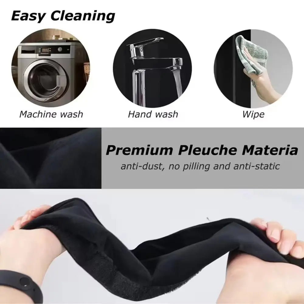 Two black oil-proof refrigerator handle covers shown in various cleaning methods and fabric texture.