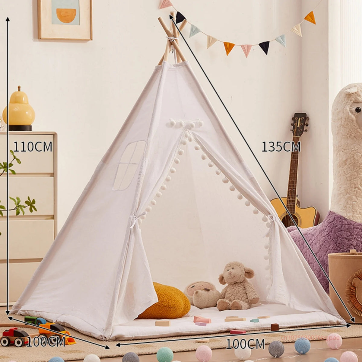 A white foldable play tent teepee is set up indoors with a string of triangular pennant flags overhead.