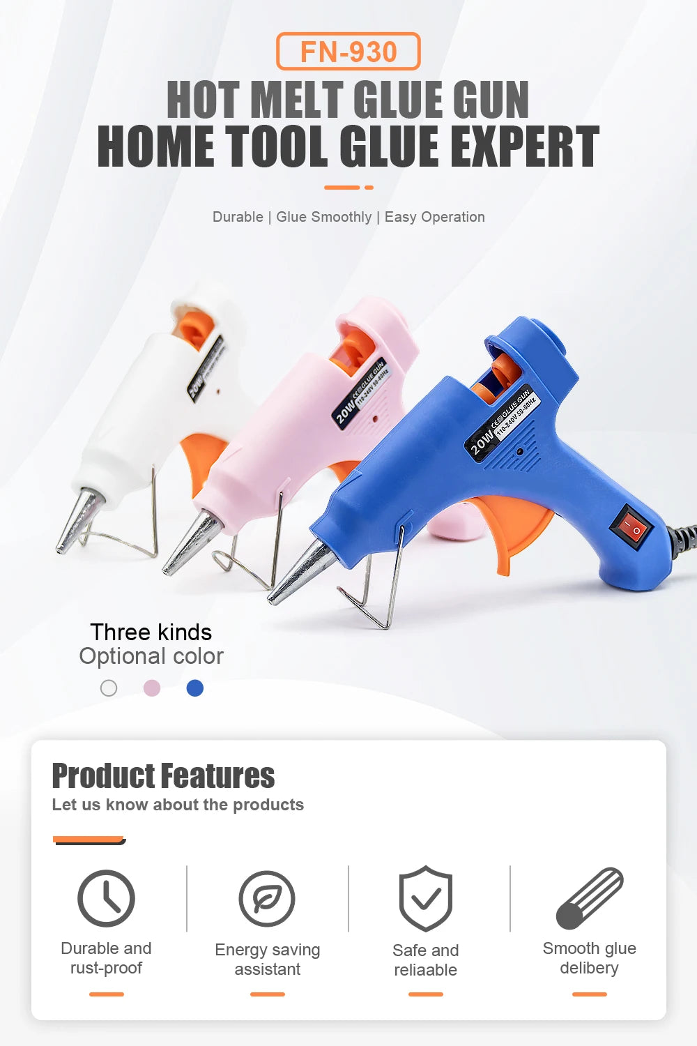 A blue hot melt glue gun is shown with glue sticks, highlighting its durability and smooth glue delivery features.