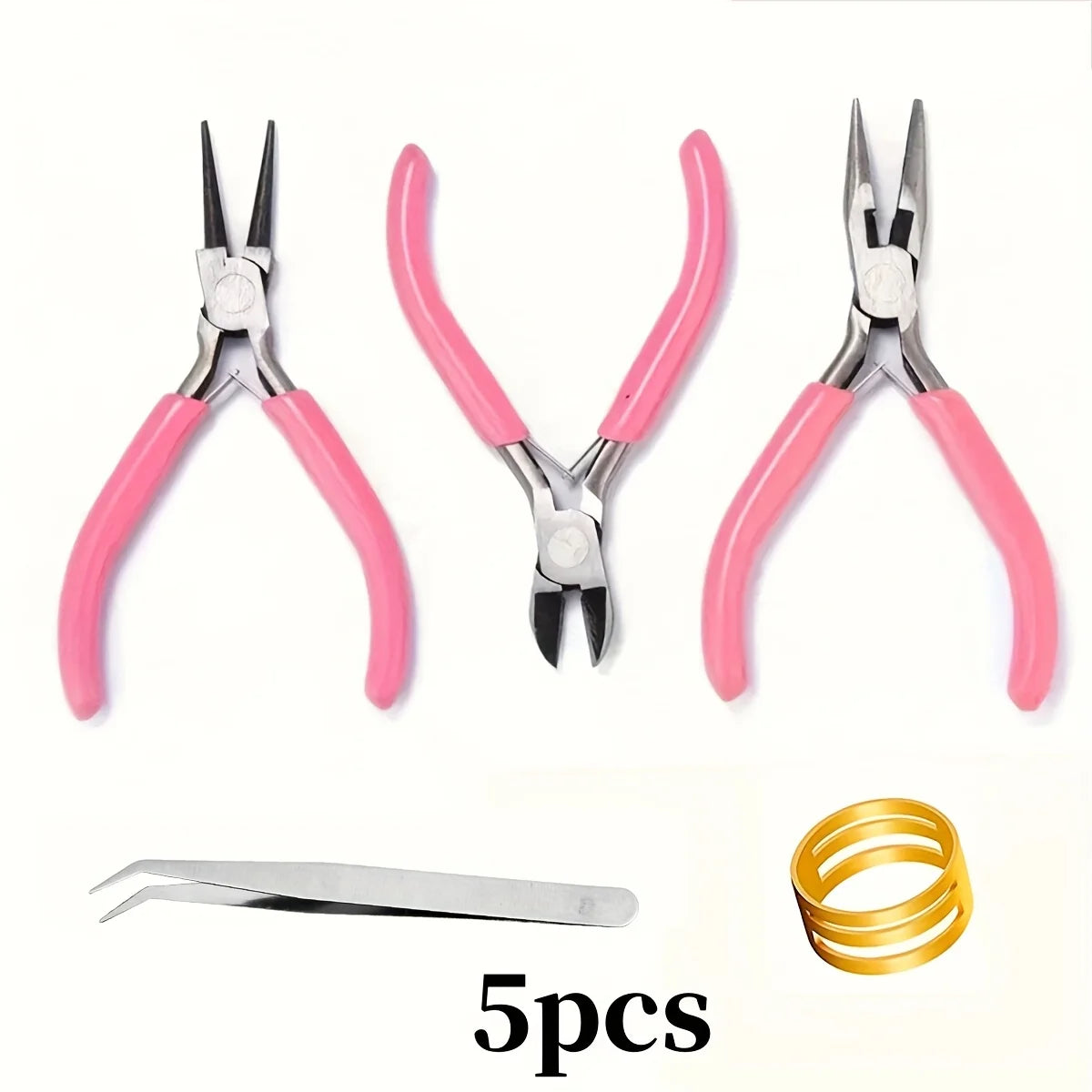 Pink Jewelry Pliers Tool Kit with Needle, Round Wire Cutter, and Curved Nose Pliers
