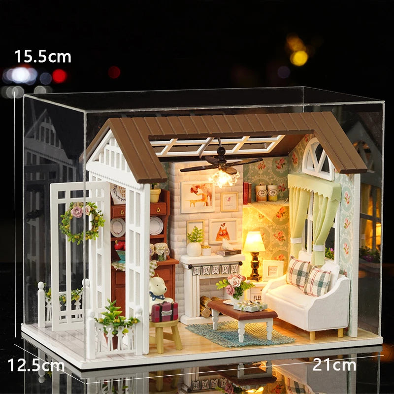 A detailed miniature dollhouse kit featuring a wooden facade, furniture, and decorative elements with integrated LED lights.