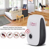 A white ultrasonic pest repeller device with a black housing is shown next to various insects.