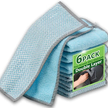 A stack of six pairs of light blue non-scratch wire dishcloths with a double layer visible.