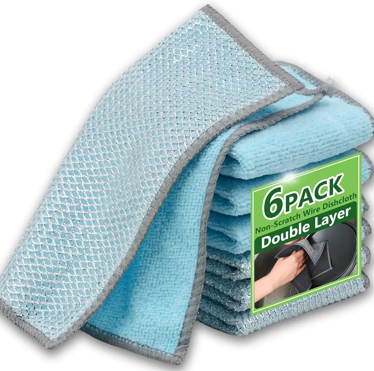 A stack of six pairs of light blue non-scratch wire dishcloths with a double layer visible.