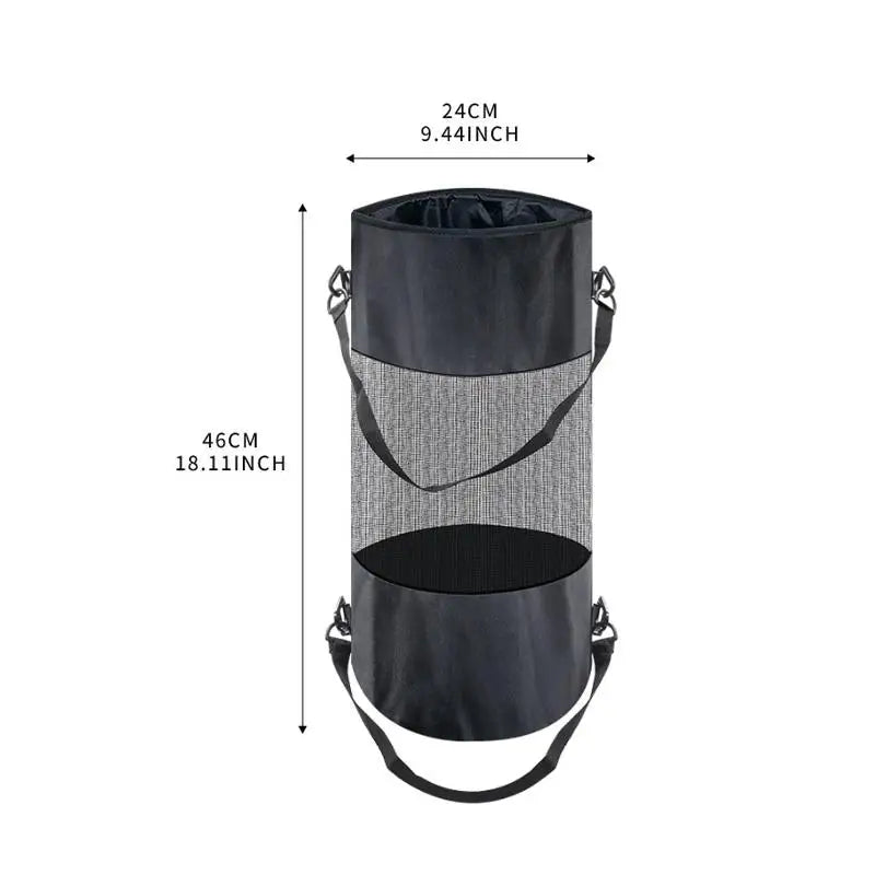 A black portable mesh trash bag with a drawstring closure and carrying straps.