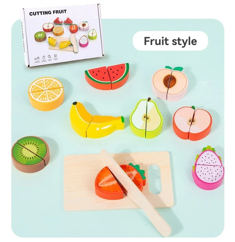 A wooden pretend play set featuring various cut fruit and vegetable shapes like watermelon, lemon, and apple slices.